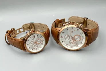 ست ساعت زنانه و مردانه بند چرم عسلی |14040595