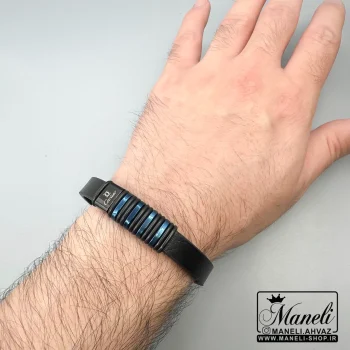 دستبند آبی کاربنی مردانه چرم|14040558