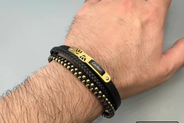 دستبند چرم طبیعی مردانه با ترکیب استیل رنگ ثابت|14040549