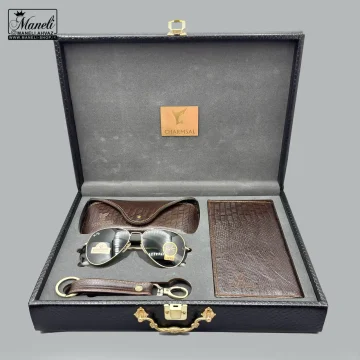 ست چرم و عینک Ray-Ban چهارتکه چرمسال | چرم طبیعی قهوه ای 14040524