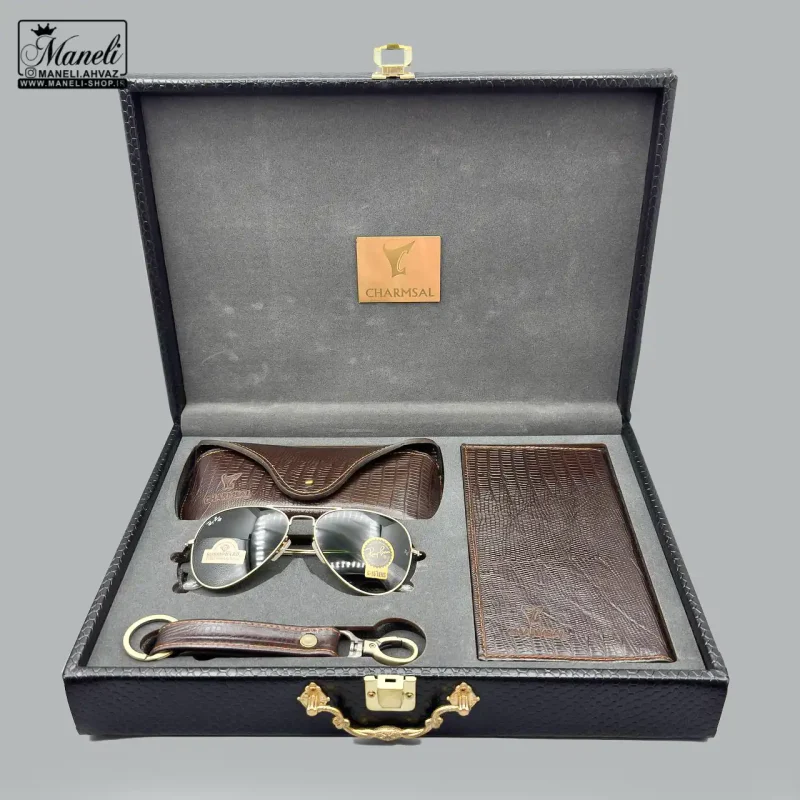 ست چرم و عینک Ray-Ban چهارتکه چرمسال | چرم طبیعی قهوه ای 14040524