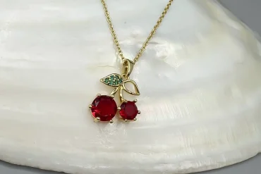 گردنبند طلایی با آلبالو گیلاس قرمزوبرگ سبز|14040709