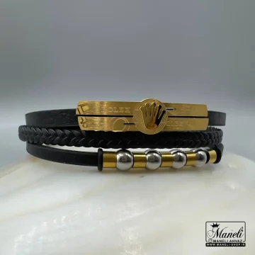 دستبند چرم رولکس طلایی مشکی
