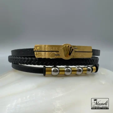 دستبند چرم رولکس طلایی مشکی