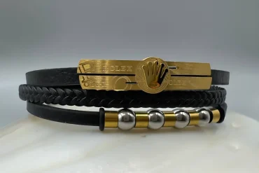دستبند چرم رولکس طلایی مشکی