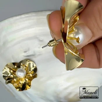 گوشواره ظریف طلایی گل میخی با ترکیب مروارید|14040742 - Image 2