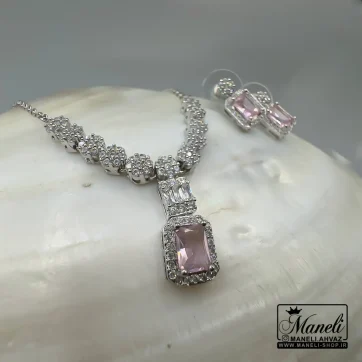 نیم ست جواهری نگین صورتی رنگ ثابت