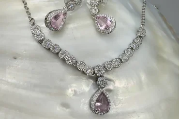 نیم ست جواهری نگین صورتی رنگ ثابت|14040762