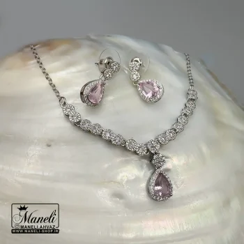 نیم ست جواهری نگین صورتی نقره ای رنگ