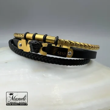 دستبند چرم مردانه طلایی و مشکی