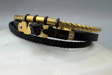 دستبند چرم مردانه طلایی و مشکی