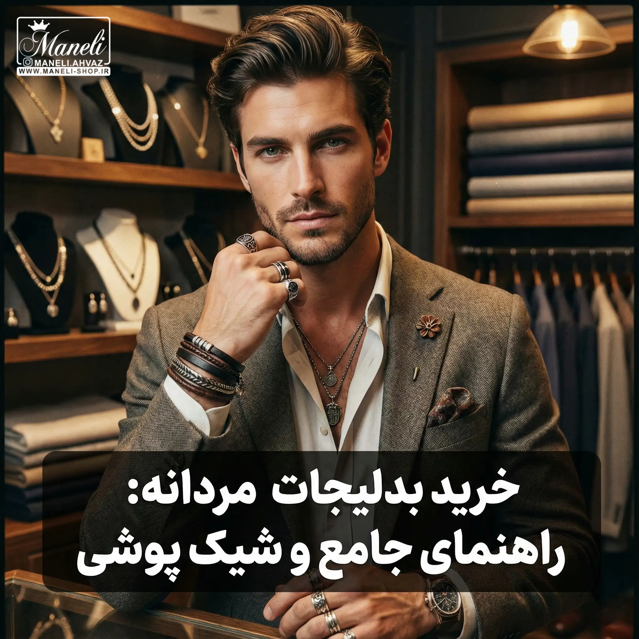 یک تصویر با ابعاد مربعی از یک مدل مرد خوشتیپ که از اکسسوری های مختلفی استفاده کرده ایجاد کن این تصویر را برای قرار دادن تصویر شاخص مقاله نیاز دارم : عنوان مقاله خرید بدلیجات مردانه: راهنمای جامع و شیک پوشی