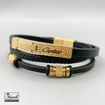 خرید دستبند چرم پلاک دار سه ردیفه با نماد cartier طلایی