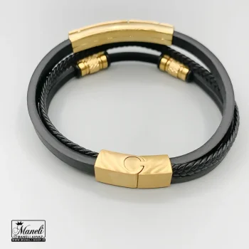 خرید و قیمت دستبند چرم پلاک دار سه ردیفه با نماد cartier طلایی