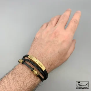 دستبند چرم پلاک دار سه ردیفه با نماد cartier طلایی 14040843