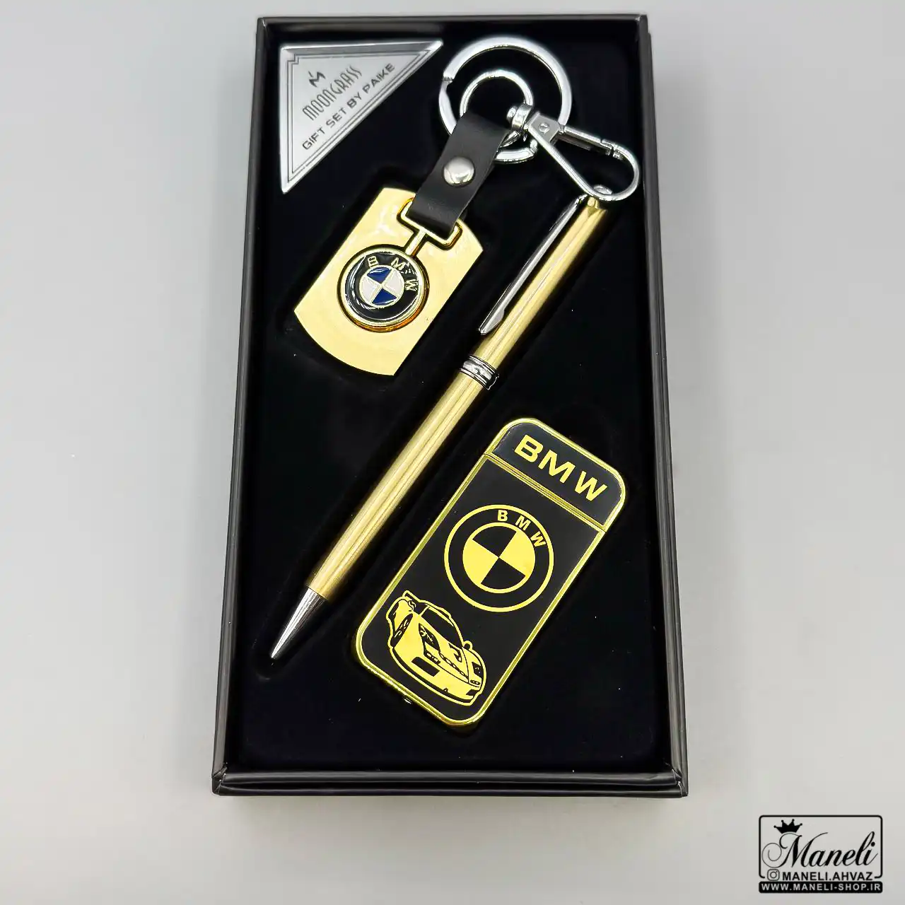 gift-pen-keyholder-lighter-3 ست هدیه ای فندک و جاکلیدی و خودکار طرح BMW طلایی 14040807