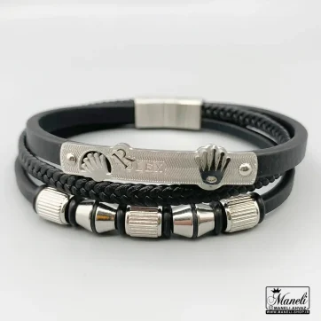 خرید دستبند چرم پلاک دار سه ردیفه با نماد رولکس نقره ای