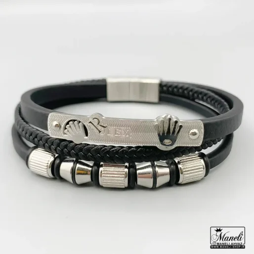 خرید دستبند چرم پلاک دار سه ردیفه با نماد رولکس نقره ای