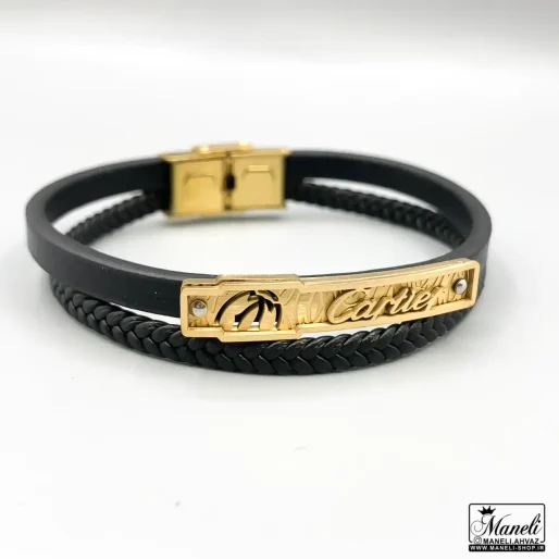 خرید دستبند چرم مردانه دوردیفه با پلاک cartier طلایی