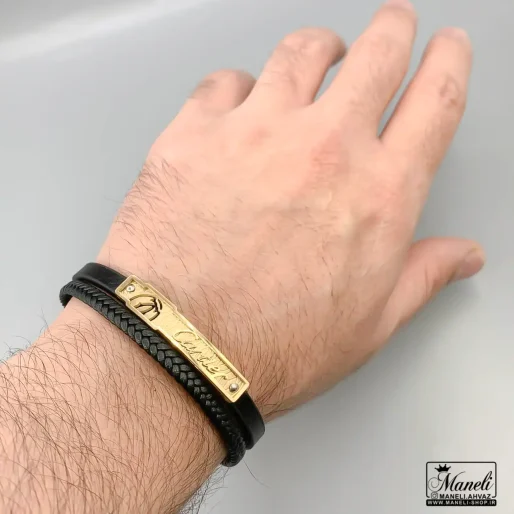 دستبند چرم مردانه دوردیفه با پلاک cartier طلایی 14040836