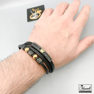 دستبند پسرانه چرم سه ردیفه با پلاک رولکس مشکی
