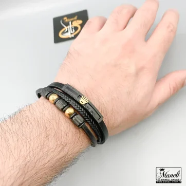 دستبند پسرانه چرم سه ردیفه با پلاک رولکس مشکی
