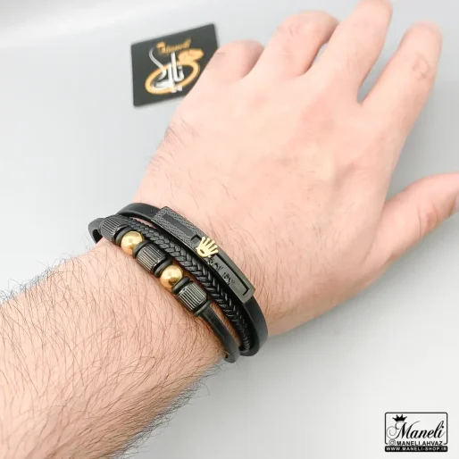 دستبند پسرانه چرم سه ردیفه با پلاک رولکس مشکی