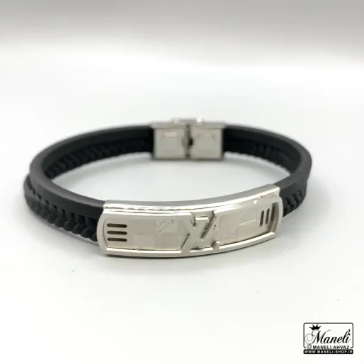 خرید و قیمت دستبند چرم مردانه دوردیفه با پلاک لویی ویتون LV نقره ای