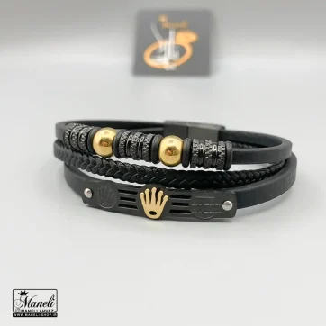 خرید و قیمت دستبند چرم پلاک دار سه ردیفه با نماد رولکس طلایی