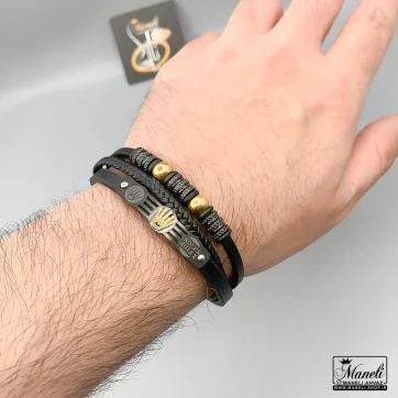 دستبند چرم پلاک دار سه ردیفه با نماد رولکس طلایی 14040841