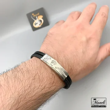 دستبند مردانه چرم دوردیفه با پلاک رولکس نقره ای 14040840