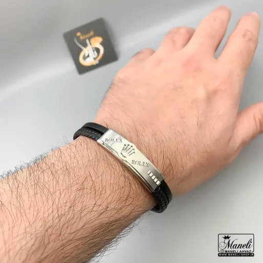 دستبند مردانه چرم دوردیفه با پلاک رولکس نقره ای 14040840