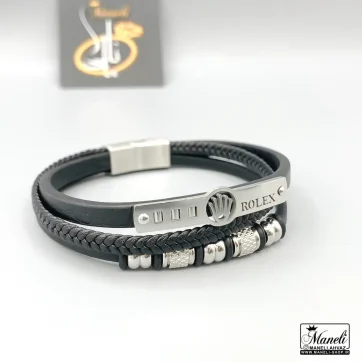 خرید وقیمت دستبند چرم پسرانه سه ردیفه با پلاک رولکس نقره ای