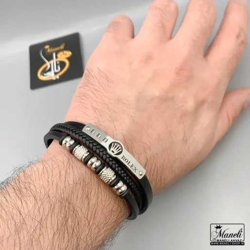 دستبند چرم پسرانه سه ردیفه با پلاک رولکس نقره ای 14040838