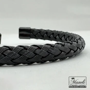 دستبند بنگل مردانه حصیری استیل مشکی - Image 3