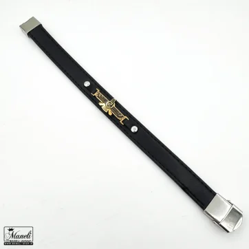 خرید دستبند مردانه چرم با پلاک فروهر استیل رنگ طلایی