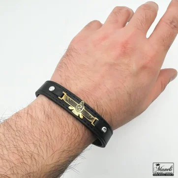 دستبند مردانه چرم با پلاک فروهر استیل رنگ طلایی