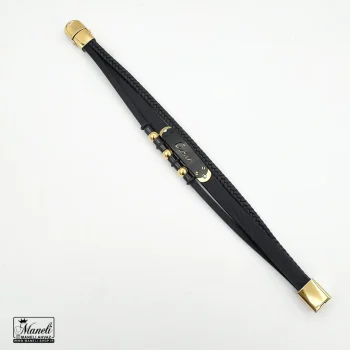 دستبند مردانه چرم سه ردیفه با پلاک cartier طلایی مشکی - Image 2