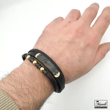 خرید دستبند مردانه چرم سه ردیفه با پلاک cartier طلایی مشکی