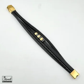 قیمت دستبند چرم 4 لاین مردانه | مشکی طلایی