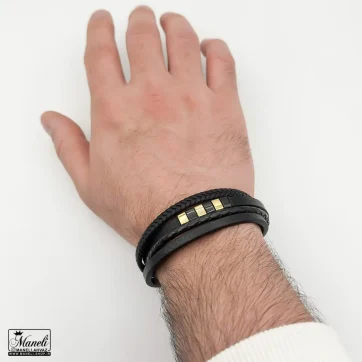 خرید دستبند چرم 4 لاین مردانه | مشکی طلایی