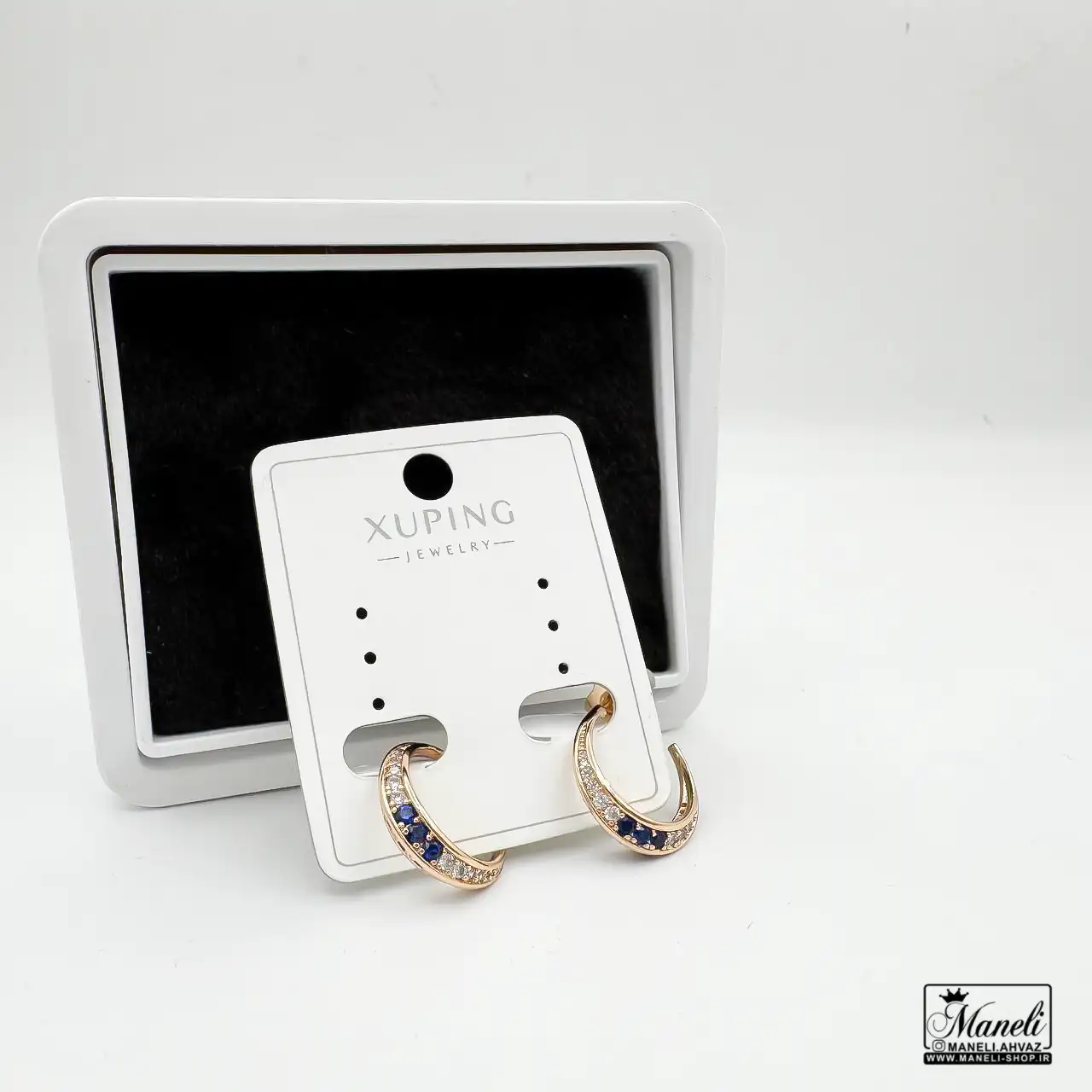 errings-xp-x-2 گوشواره میخی ژوپینگ | طلایی | دو طرح نگین قرمز و نگین آبی