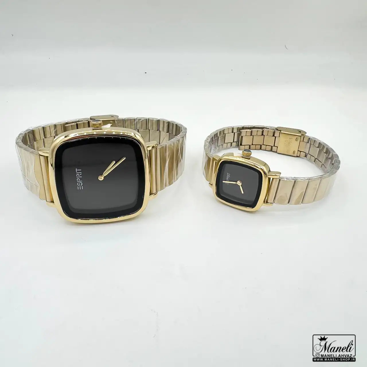 esprit-watch-gold-2 خرید ست ساعت مردانه و زنانه esprit مربعی طلایی صفحه مشکی