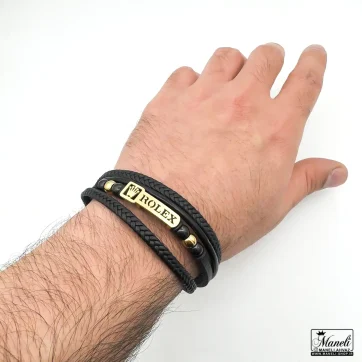 خرید دستبند مردانه چرم چهار لاین با پلاک رولکس استیل طلایی
