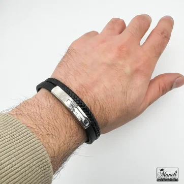 قیمت دستبند مردانه چرم دو لاین با پلاک رولکس سیلور