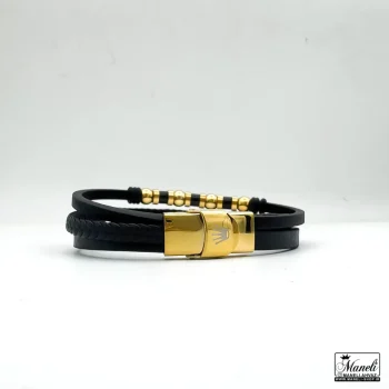 دستبند مردانه چرم سه ردیفه با پلاک رولکس طلایی مشکی - Image 3