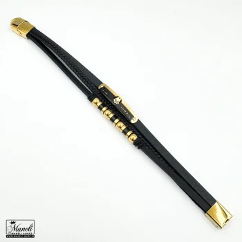 خرید دستبند مردانه چرم سه ردیفه با پلاک رولکس طلایی مشکی