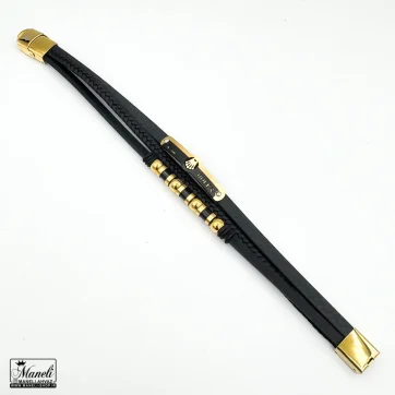 خرید دستبند مردانه چرم سه ردیفه با پلاک رولکس طلایی مشکی