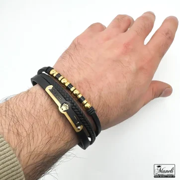 دستبند مردانه چرم سه ردیفه با پلاک رولکس طلایی مشکی