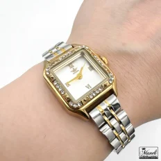 ساعت صفحه مربع زنانه قاب نگین دار طلایی نقره ای